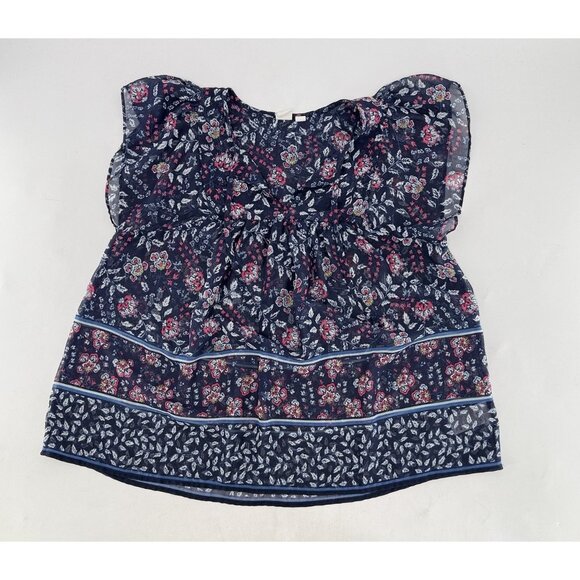 GAP Tie Neck Sheer Chiffon Blue Floral Flutter Sleeve Blouse Sz L Preppy Boho - Picture 3 of 8